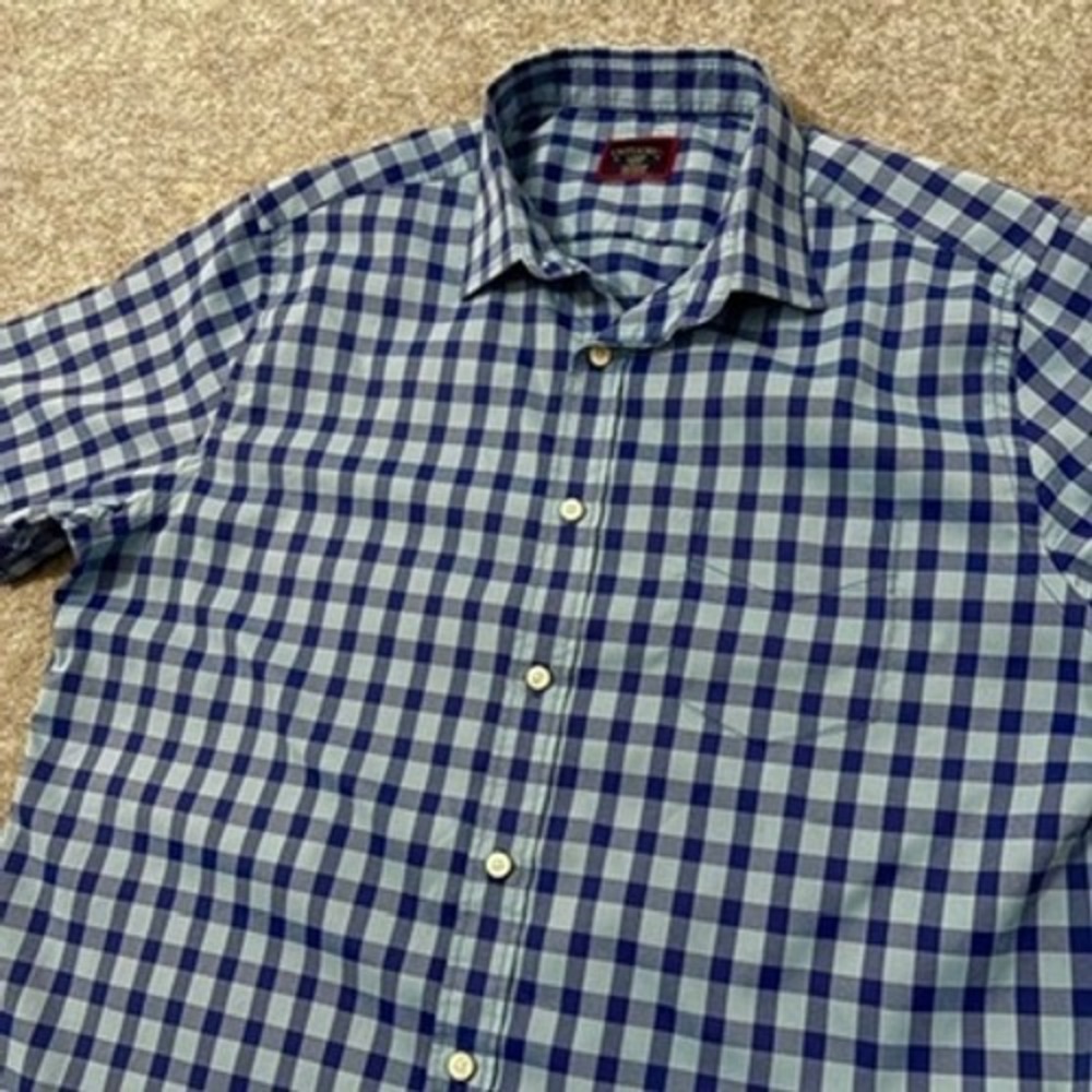 UNTUCKit Patton Blue Gingham Short Sleeve Button Down Shirt Slim Fit Large